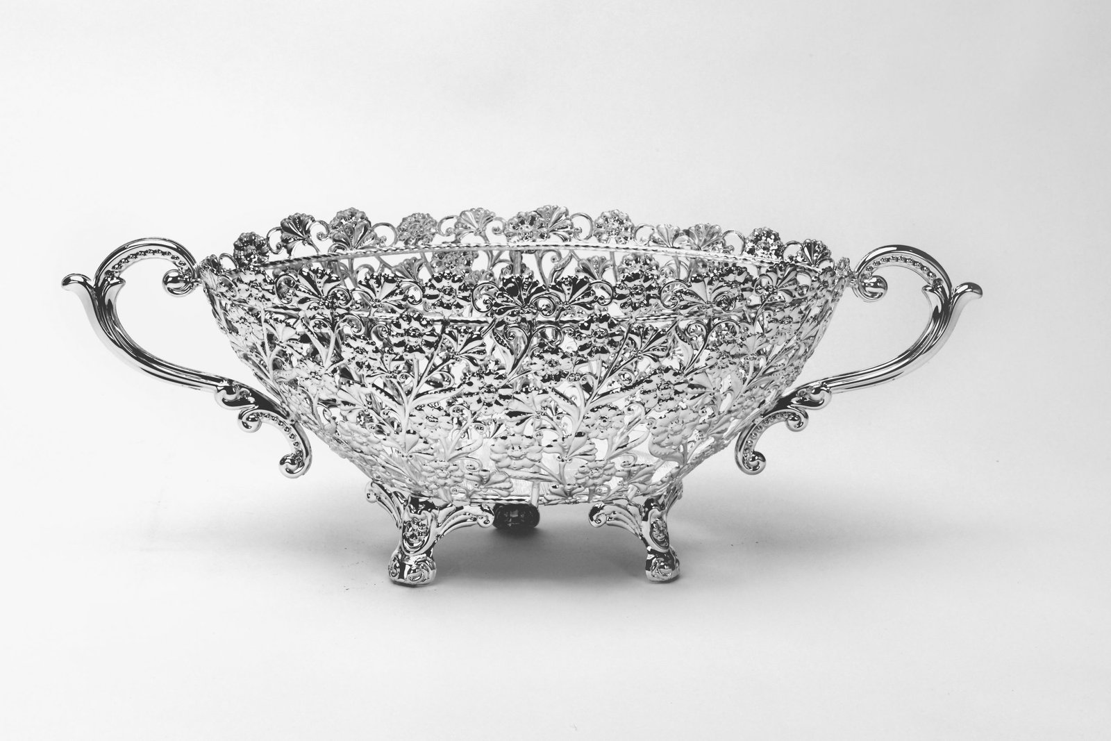 Oval Cutwork Flower Design Silver Bowl