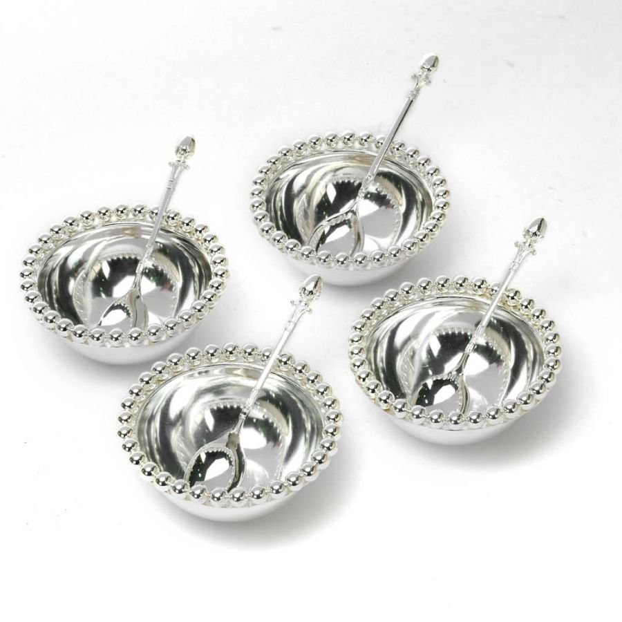 Rim beaded silver bowls with spoon