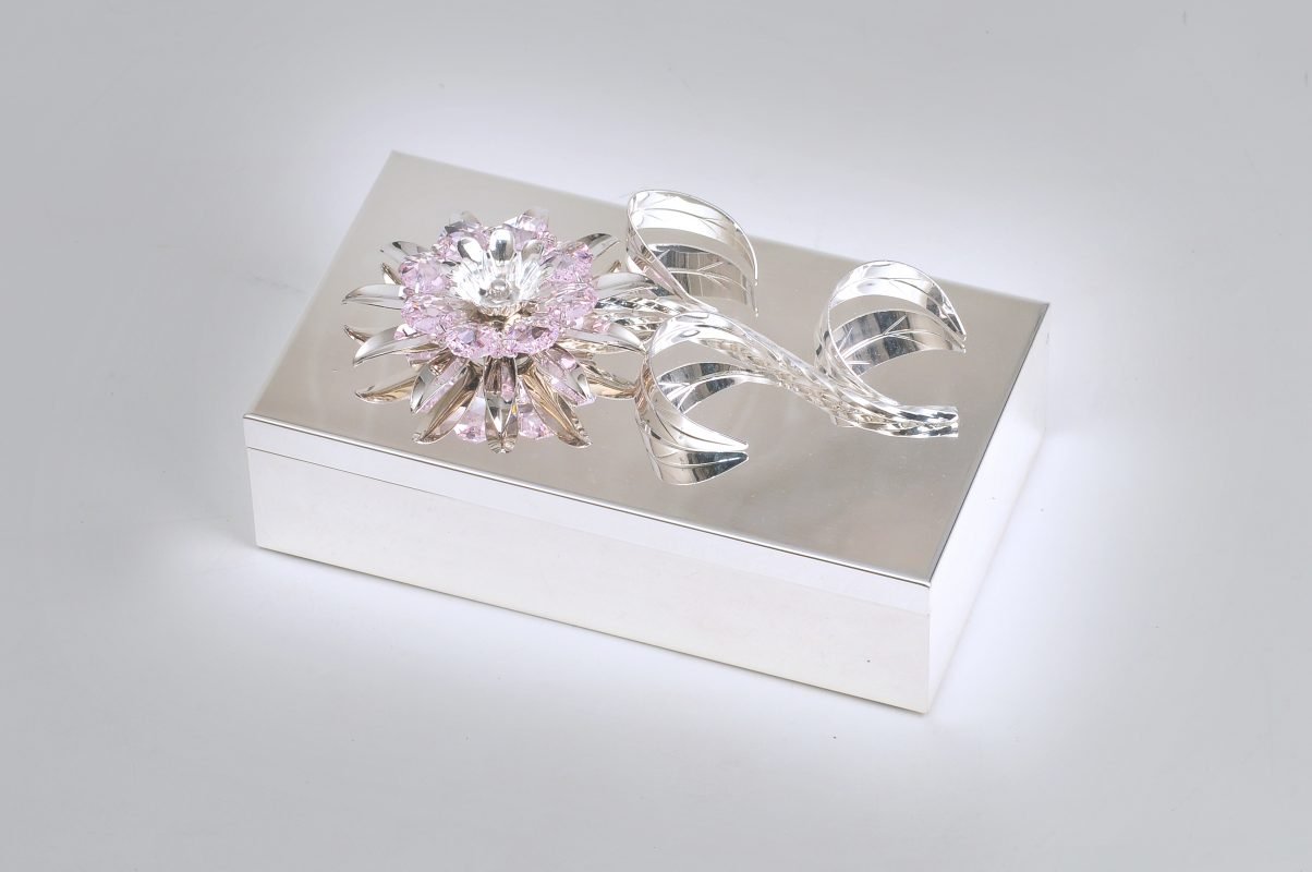 Flower Design Pink Crystal Studded Silver Box