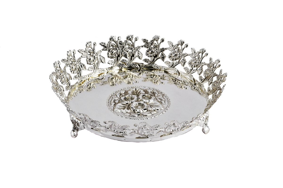 Floral Border Round Silver Plate