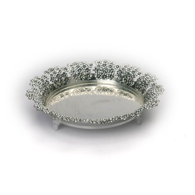 Flower Border Round Silver Tray