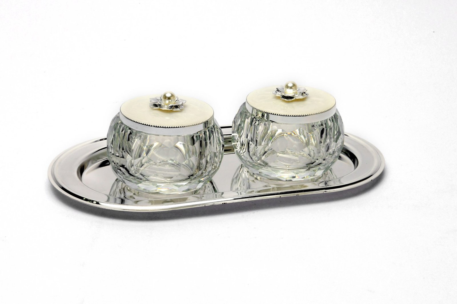 Crystal Bowl Set With Silver Tray