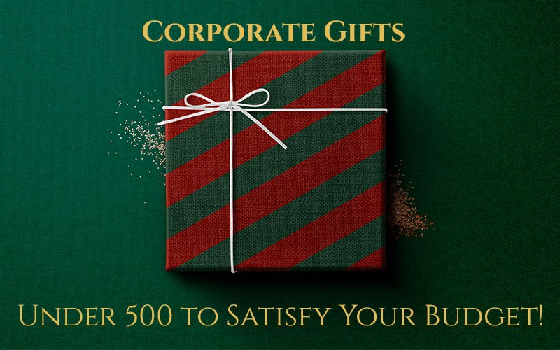 Corporate Gifts Under 500 Banner With Green Background And Green Gift Box