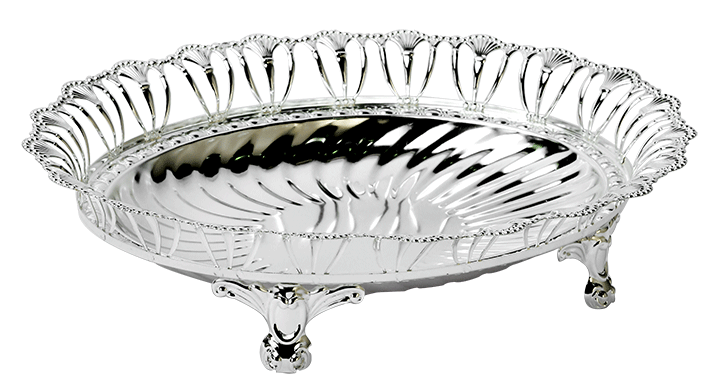 an elegant silver plated bowl with detailed wire motif on its borders having a fluted interior and designer legs