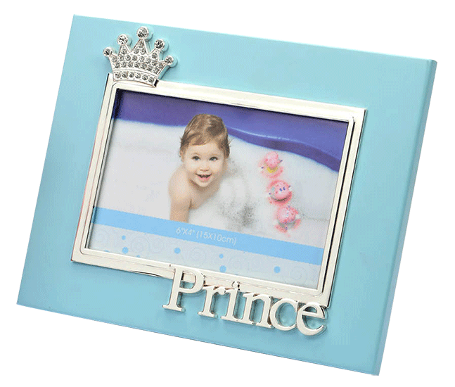 a blue baby themed photo frame with a wooden base decorated with silver plated border having a crown and "Prince" written on it