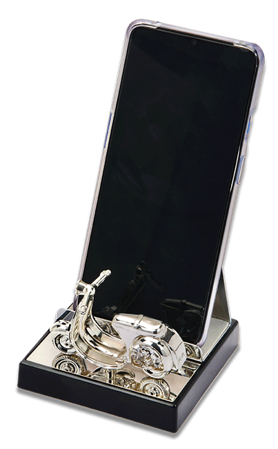 a silver plated mobile stand with a mini scooter attached to its base