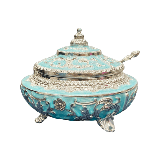 Blue Colored Sugar Pot Of Intricate Design With A Spoon