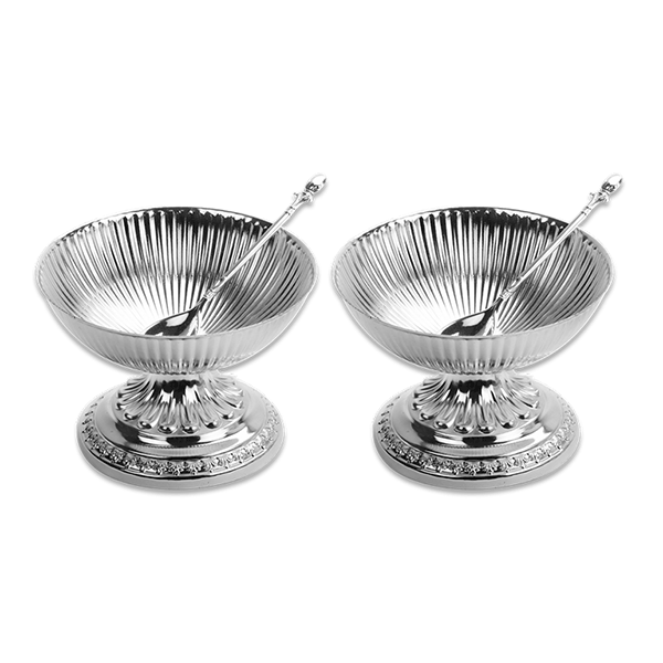 a pair of two ice cream bowls with silver plating and a designer pedestal