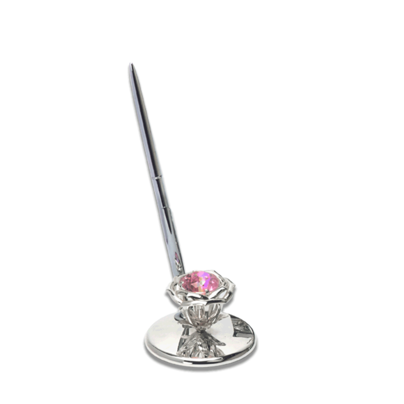 silver pen stand with pink crystal