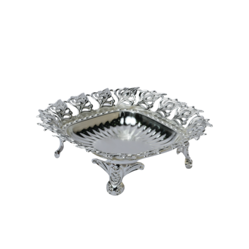 Peacock Leaf Border Silver Plated Bowl With Fluted Interior and 4 designer legs