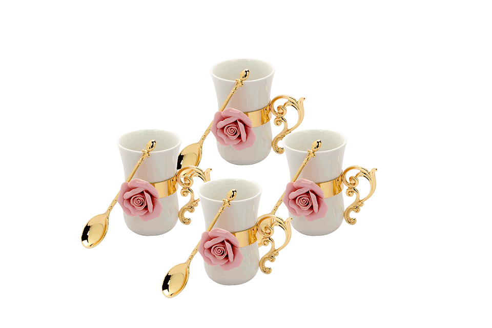 a set of four ceramic mugs with detachable golden handle and a pink rose with spoons