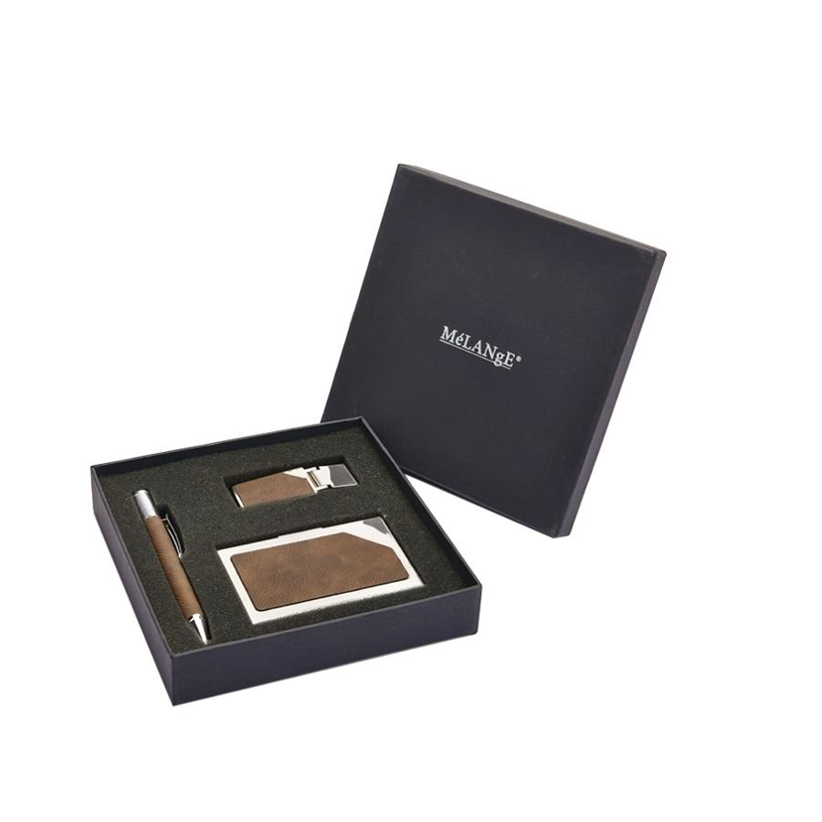 a classy set of silver plated pen, money clip and a card holder kept inside a gift box