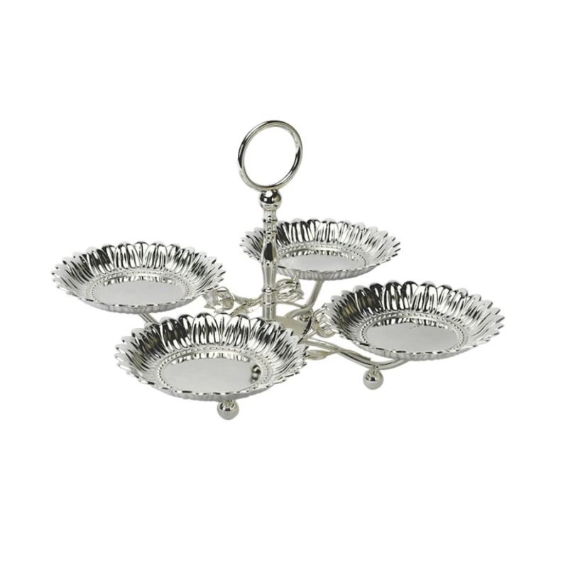 An ornate assemblage of 4 silver platters held by a handle to render this mystic 4-in-1 platter