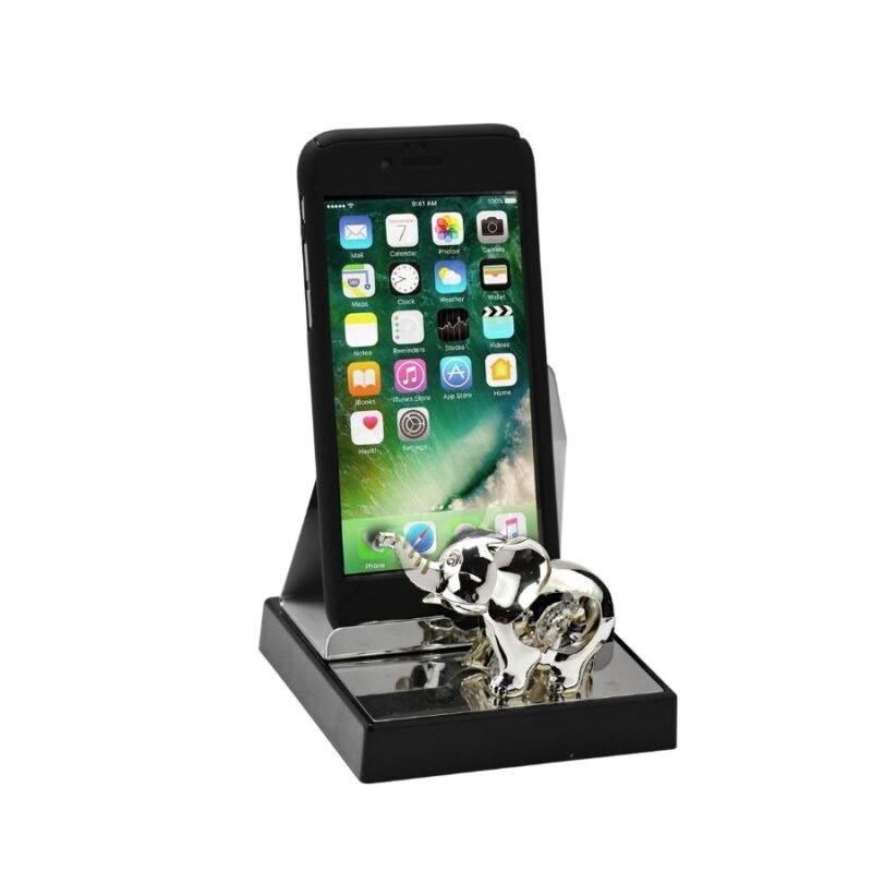 A dainty mobile stand with a cute silver elephant attached to its base