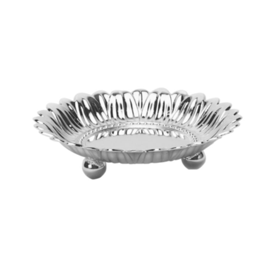 a round, sunflower shaped silver bowl with sturdy legs and a designer petal boundary