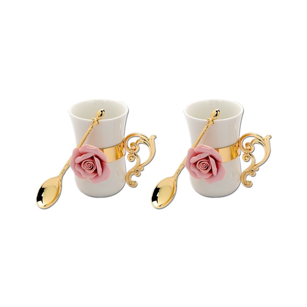 Unique Ceramic Mug Set Of 2 With Cute Golden Spoons