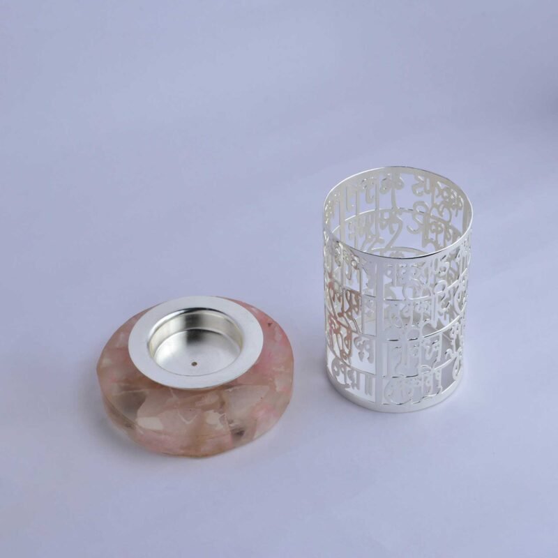 Vakratunda Mantra Cutwork Tea Light Holder on Rose quartz