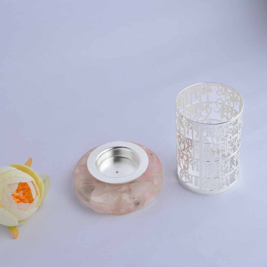 Vakratunda Mantra Cutwork Silver Candle Holder on Rose Quartz