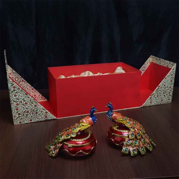 3D Peacock Enameled Jewellery Box (Set of 2) with beautiful packaging placed on a table