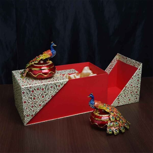 3D Peacock Enameled Jewellery Box (Set of 2) with beautiful packaging, placed on a table
