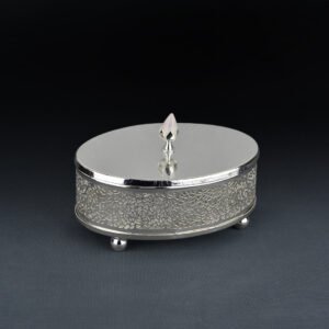 Cutwork Design Oval Silver Box with Rose Quartz Knob