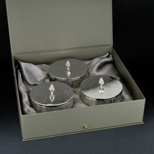 Cutwork Design Round Silver Box with Rose Quartz Knob (Set of 3)