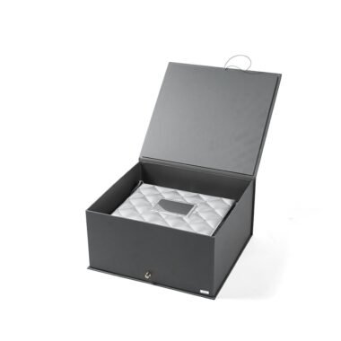 Tufted Design Jewelry Silver Box with Legs and mirror placed inside a premium grey box