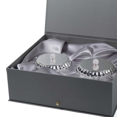 Set of Two Ribbed Design Silver Box with Rose Quartz Knob placed inside a premium grey box- a close up image