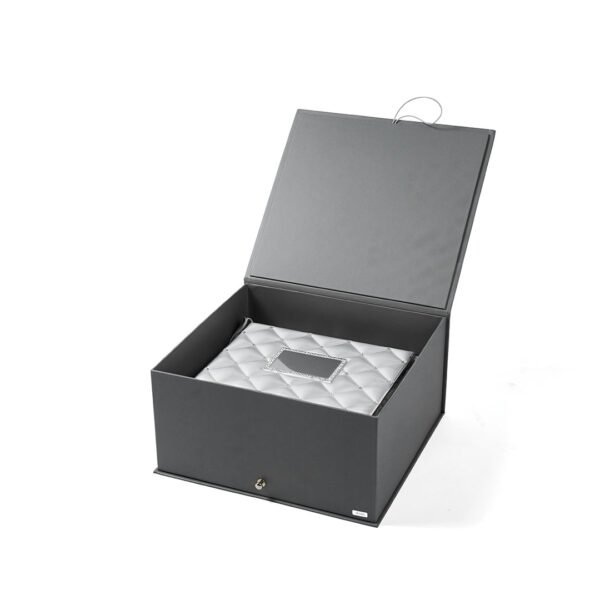 Tufted Design Jewelry Silver Box with Legs and mirror placed inside a premium grey box