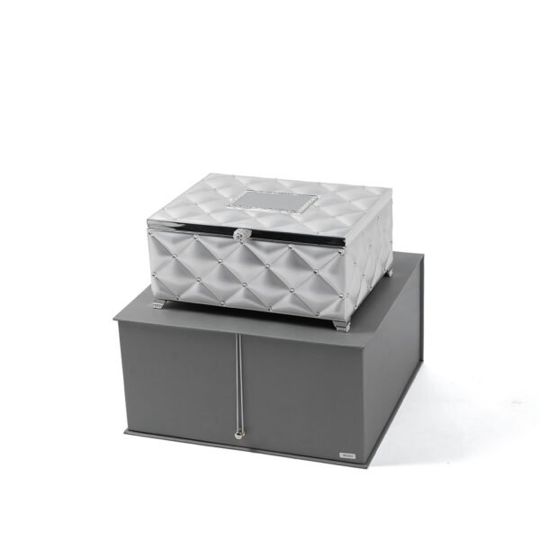 Tufted Design Jewelry Silver Box with Legs and mirror placed upon a premium grey box