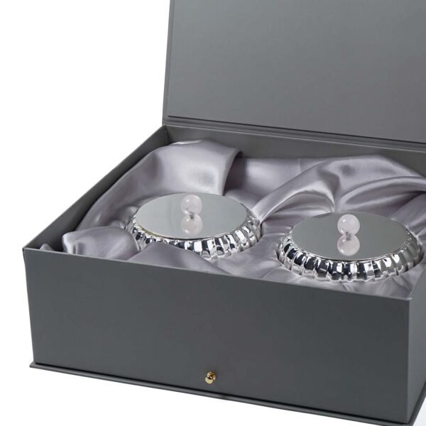 Set of Two Ribbed Design Silver Box with Rose Quartz Knob placed inside a premium grey box- a close up image