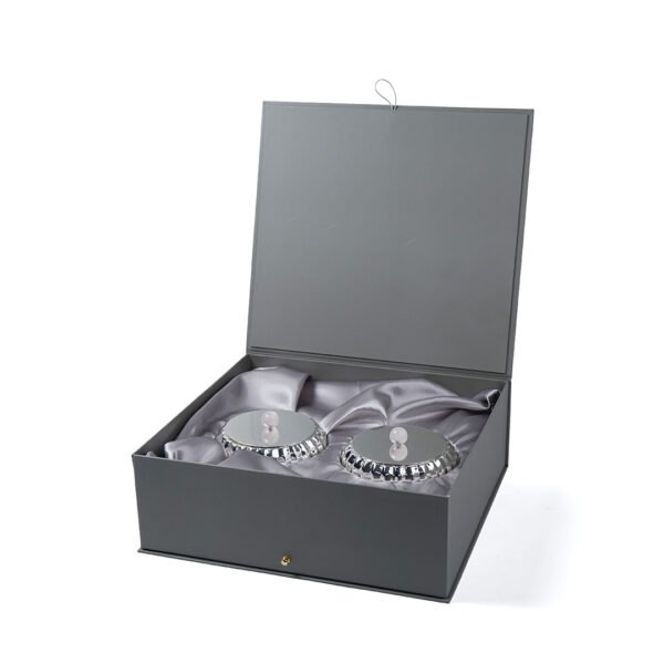 Set of Two Ribbed Design Silver Box with Rose Quartz Knob placed inside a premium grey box