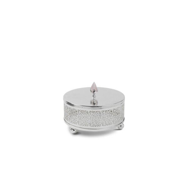 Cutwork Design Round Silver Box with Rose Quartz Knob