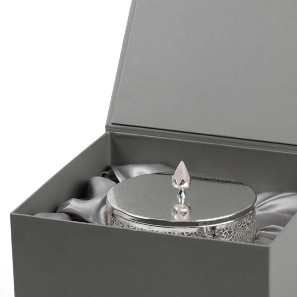 Cutwork Design Round Silver Box with Rose Quartz Knob placed inside its box